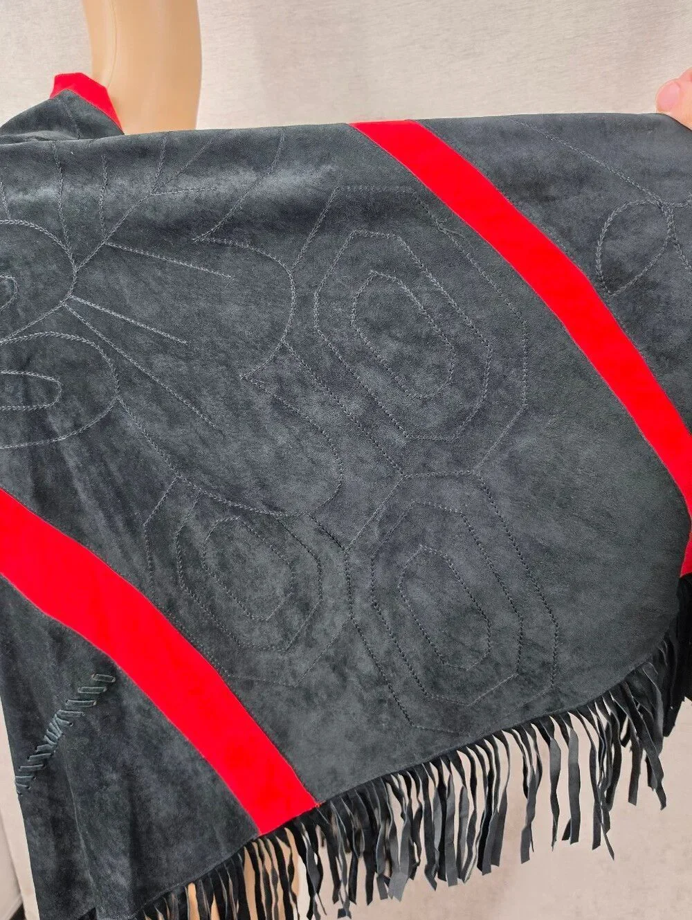 Vintage Black & Red Suede Nubuck All Leather Fringe Shawl Embroidered